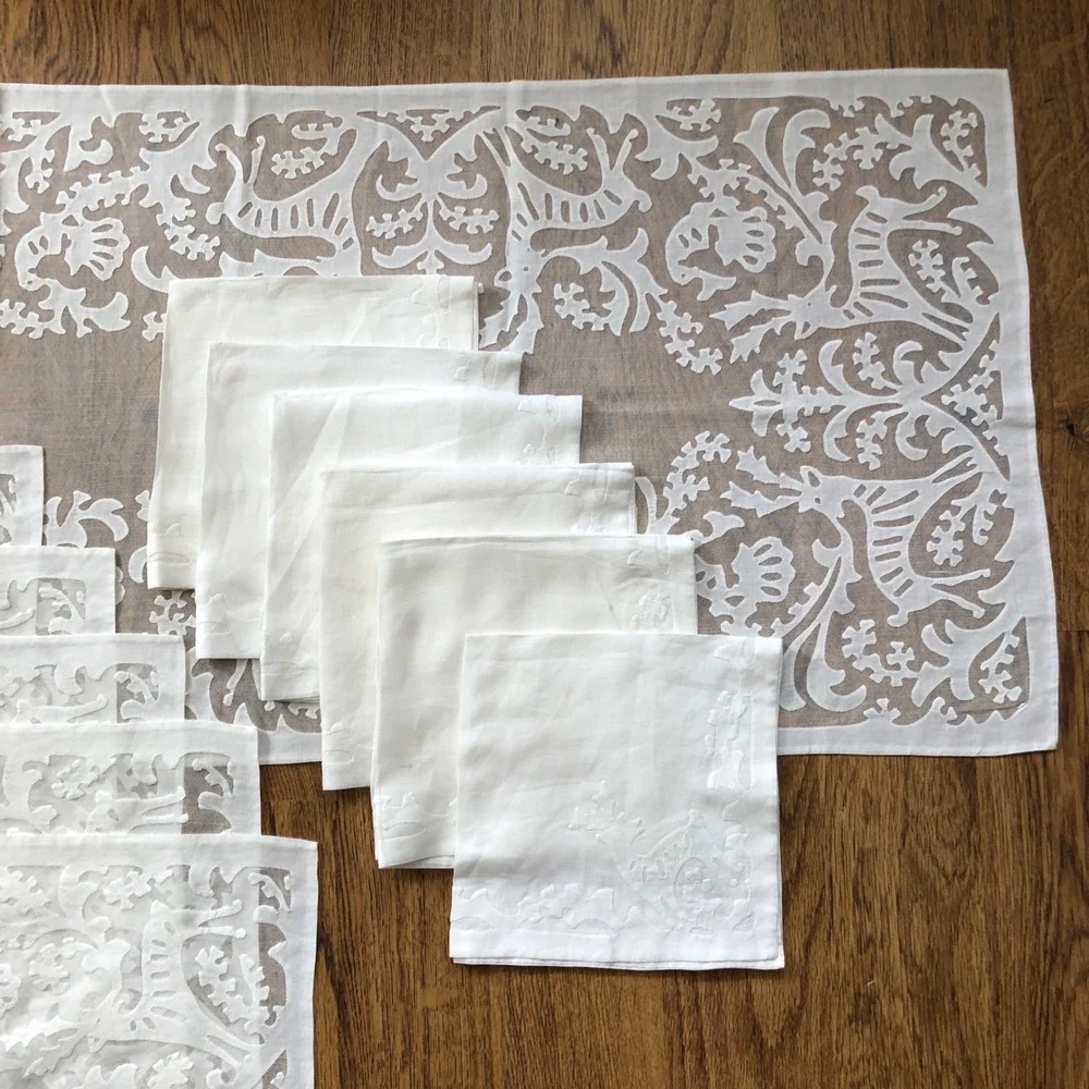 Antique Hungarian Buzsak Stag in the Woods Applique Lace Linen‎ Runner + Set